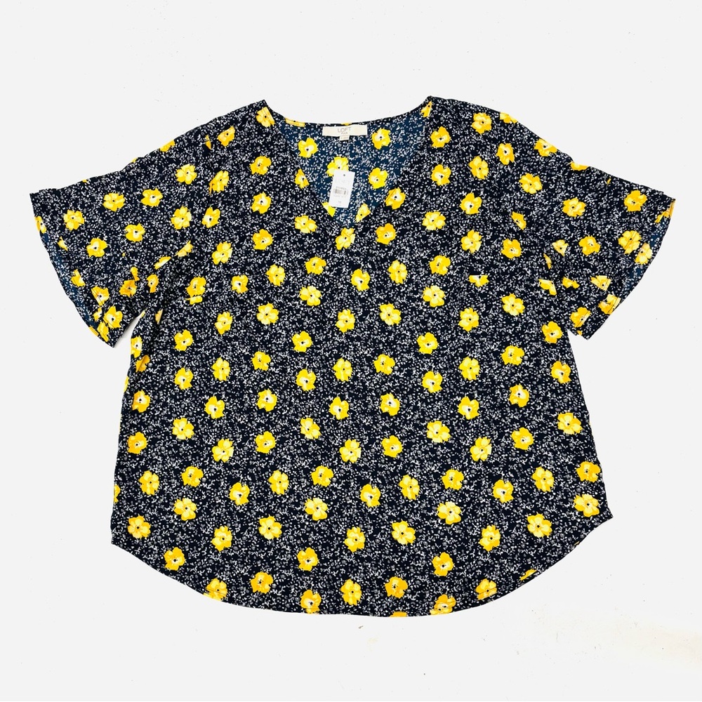 NWT LOFT Plus Size 18 Short Sleeve Blouse Pullover Ruffle Yellow Floral Preppy